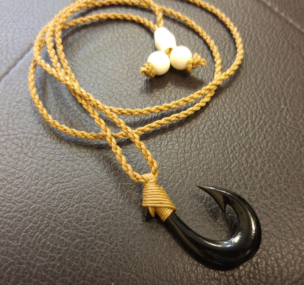 Hawaiian Style carved Simple Mini Black Bone Fish Hook Pendant Men Necklace