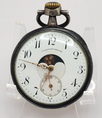 Antique Swiss Calendrier Brevet Calendar Moon Phase Pocket Watch AS IS work slow - Picture 2 of 11