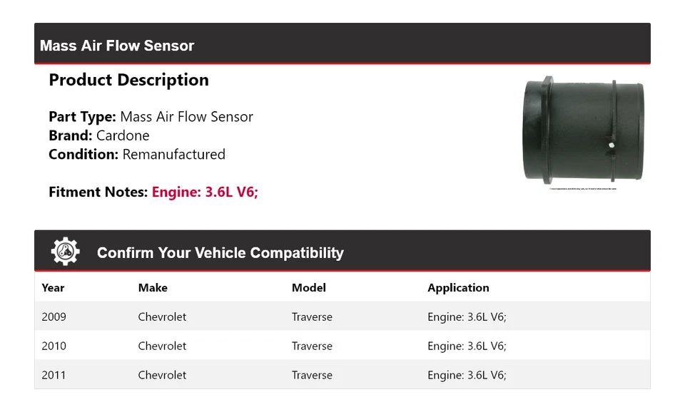 Датчик массового расхода воздуха Cardone 2010 для Chevrolet Traverse 3,6 л V6 2009–2011 годов выпуска - Изображение 2 из 4