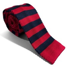 Navy Blue  Red Striped Knitted Tie Handmade 