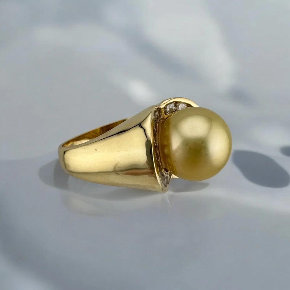 Шикарный винтажный 14K золото 10,9 мм Южных морей золотой жемчуг бриллиант кольцо размер 6,5 - Изображение 2 из 4