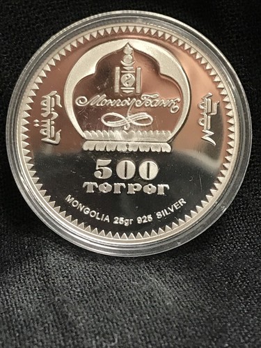 Moneta 25 grammi lupo grigio 2003 MONGOLIA 500 Tigrik argento 925 proof - Foto 2 di 8