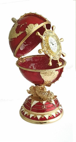Réplique œuf de Fabergé rouge et Or navire fabrication artisanale avec montre - Picture 3 of 3