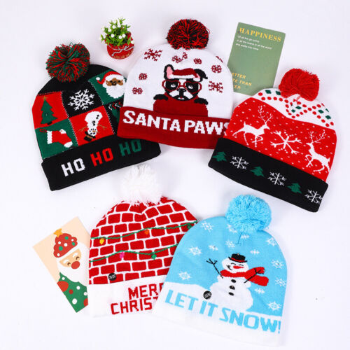 Christmas Knit Beanie Hat with Lights Xmas Santa Hat Snowflake Snowman Skull Cap - Picture 4 of 32
