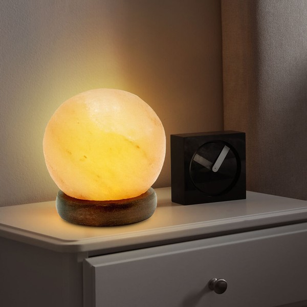 Beistellleuchte Tischleuchte Nachttischlampe Kugel Salzkristall Deko Led Holz-image