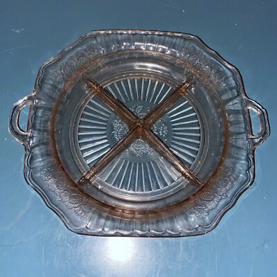 Anchor Hocking Mayfair Open Rose Pink Depression Glass Four Section Bowl