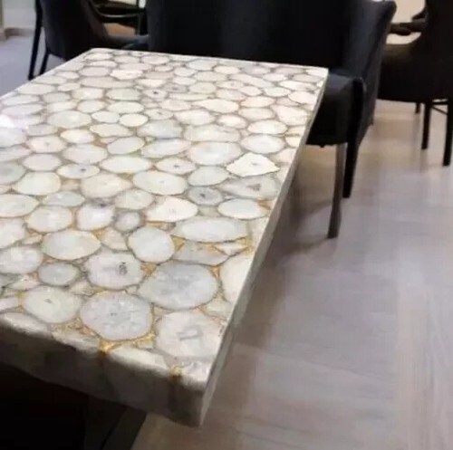 48"x30" White Agate Stone Dining Table | Handmade Gemstone Table | Luxury Top - Picture 3 of 8