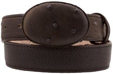 Brown Western Cowboy Leather Belt Ostrich Quill Pattern Overlay Rodeo Buckle