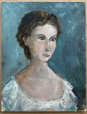 Oil painting portrait woman young girl thoughtful lips pinched white blouse