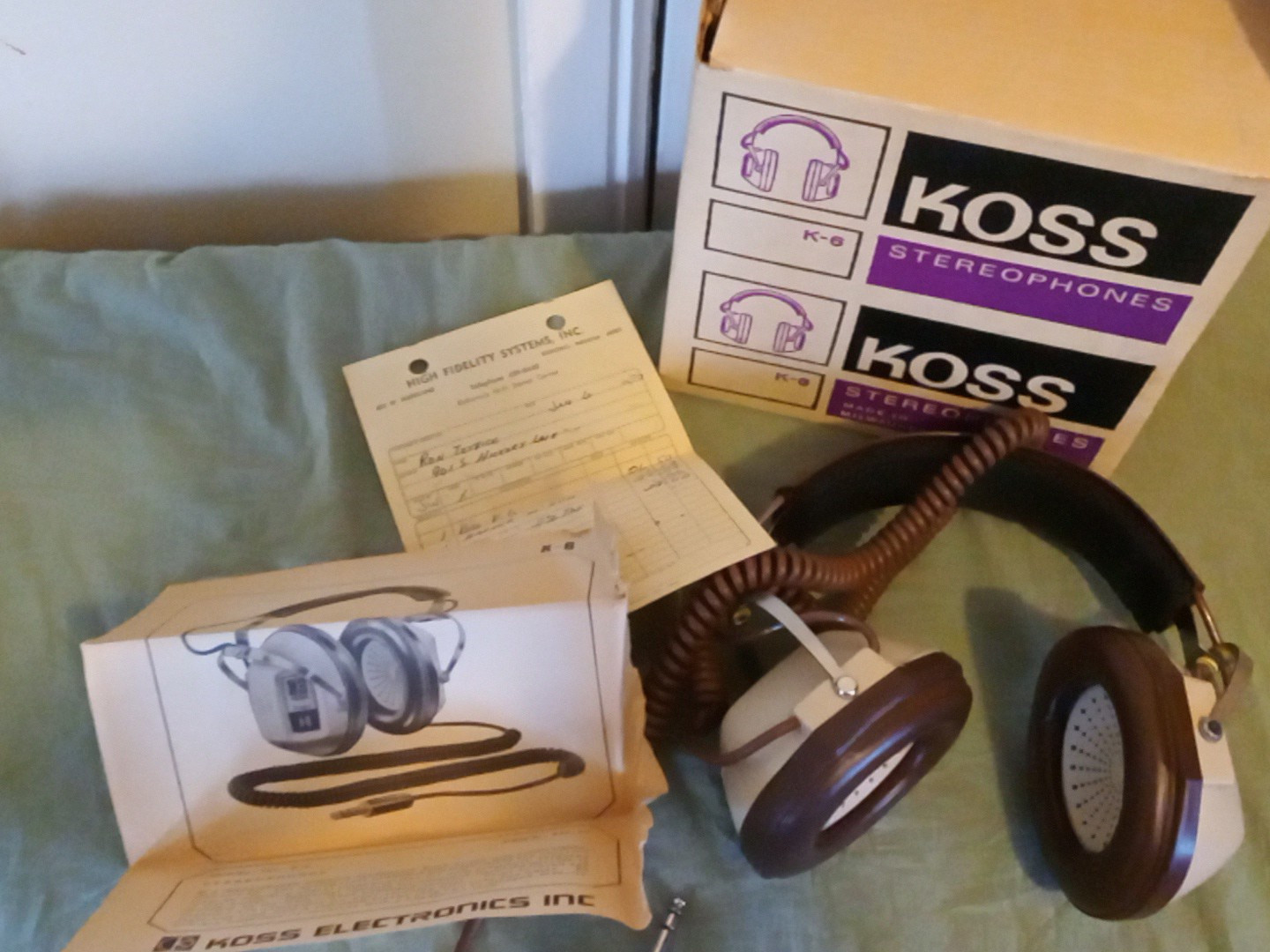 Koss Vintage K-6 Stereo Headphones 1970s Brown Original Receipt, Instruction Box