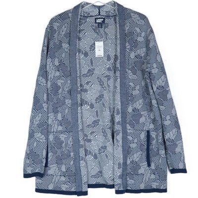Lands  End Women s Jacquard Open Front Cardigan XL 18 Deep Sea Navy Floral NWT