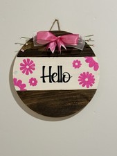 Hello 16  Round Wood Door Sign With Hot Pink Flowers