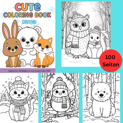 Digital Din A4 Malbuch Winter - Tiermotive Bilder für Kinder zum ausdrucken PDF