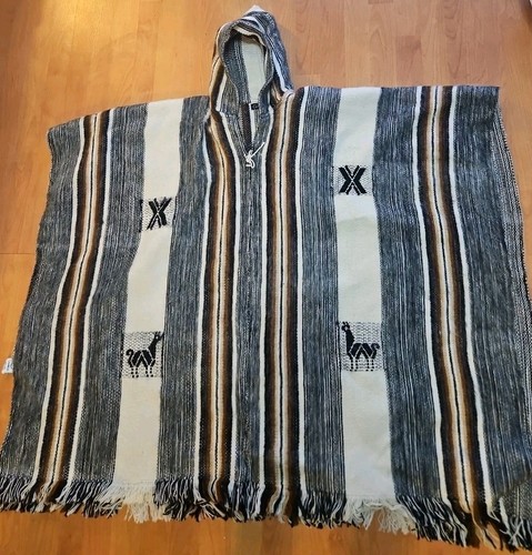GAMBIA PONCHO CLOAK WITH HOOD  BLANKET MEXICAN STYLE ALPACA WOOL MADE IN BOLIVIA
