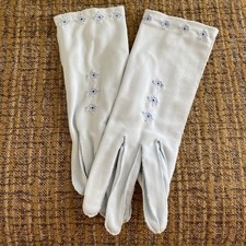 Max Mayer Gloves Women Light Blue Floral Embroidered West Germany Vintage