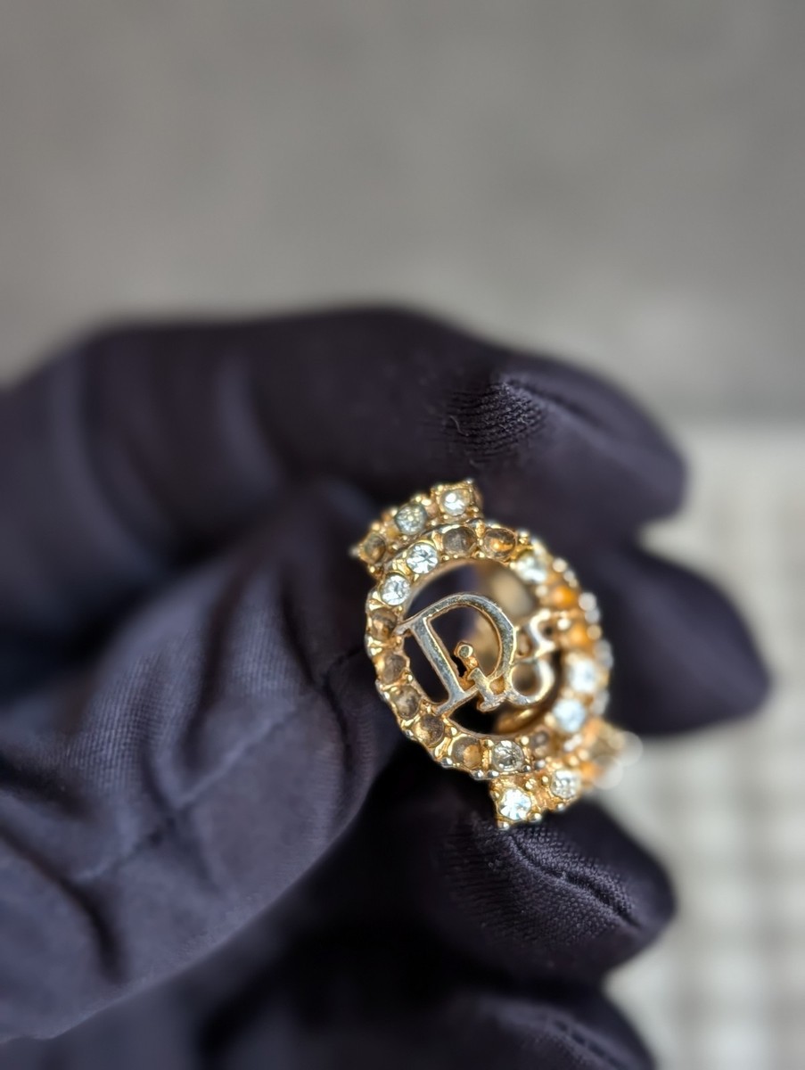 Christian Dior Vintage Gold-Tone Crystal Logo Ring Sz US 6.5–7 | eBay