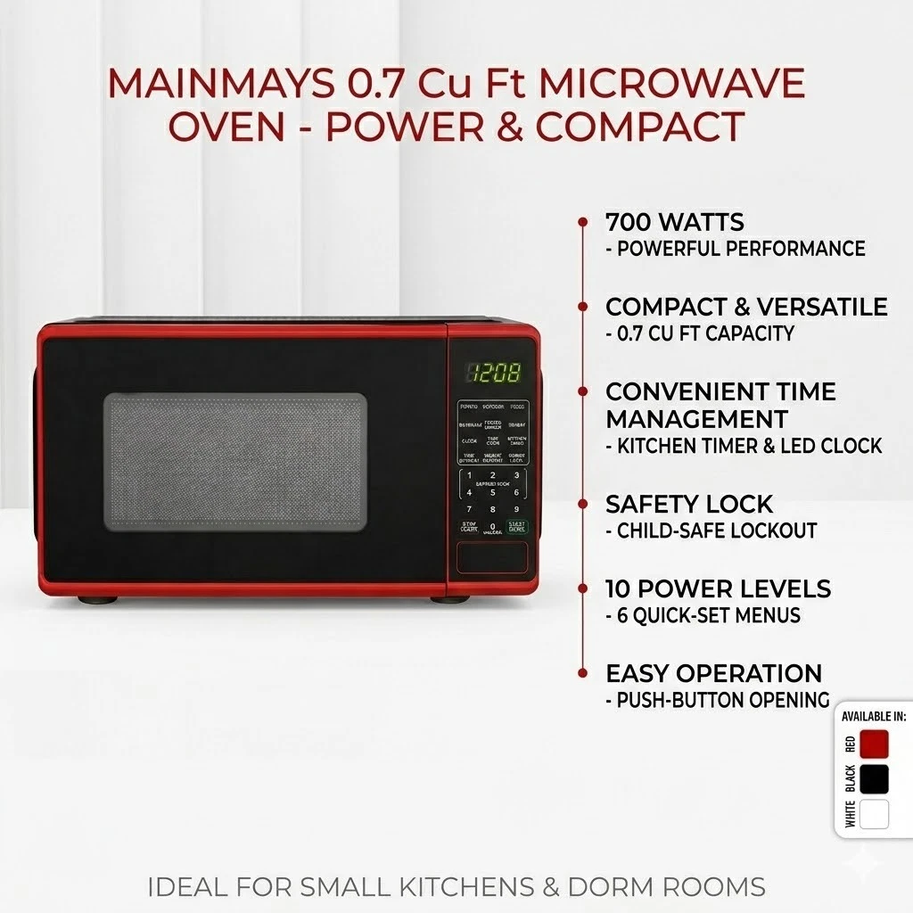 Mainstays 0.7 cu ft Countertop Microwave Oven 700W Red Works & Looks Great