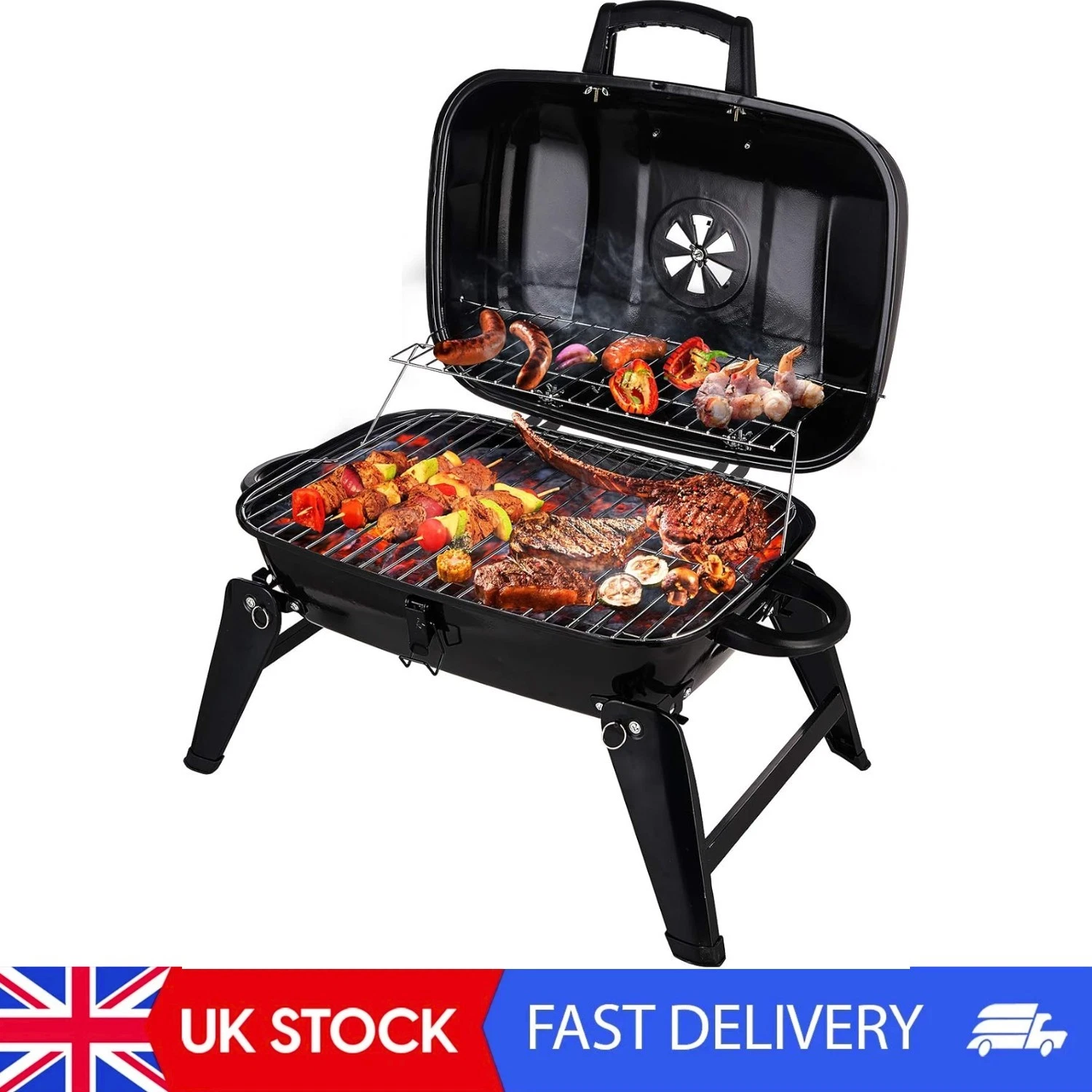 Charcoal Grill, Portable Grill BBQ And Smoker With Lid Folding Tabletop Grills,
