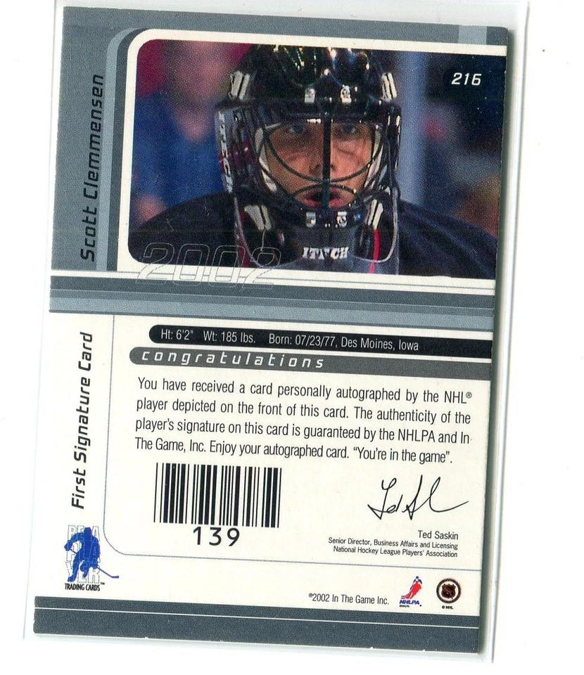 2001-02 ITG Be A Player BAP Signature Series Auto Scott Clemmensen Devils - Image 2 of 2