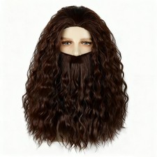 Wizard Wig and Beard Adult Men Long Curly Dark Brown Funny Wig and Mustache f...