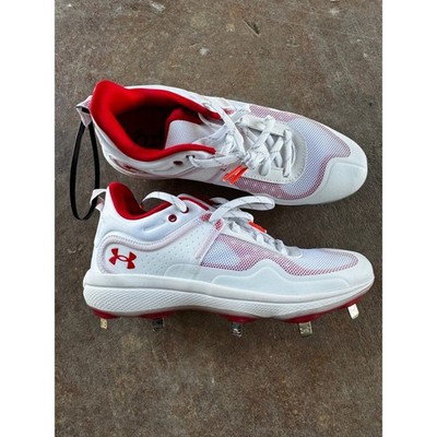 Under Armour Charged Microtips Womens Softball Cleats White Red Metal Spikes