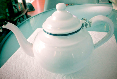 Vintage White w Black Trim Enamel Ware Teapot