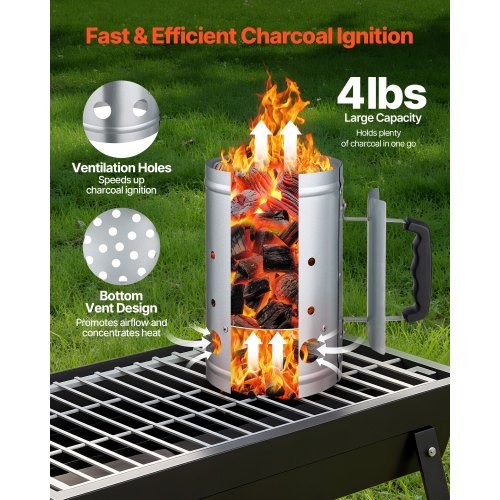 Charcoal Chimney Starter, 4 lbs Large Capacity Coal Fireplace, Heavy Duty BBQ St