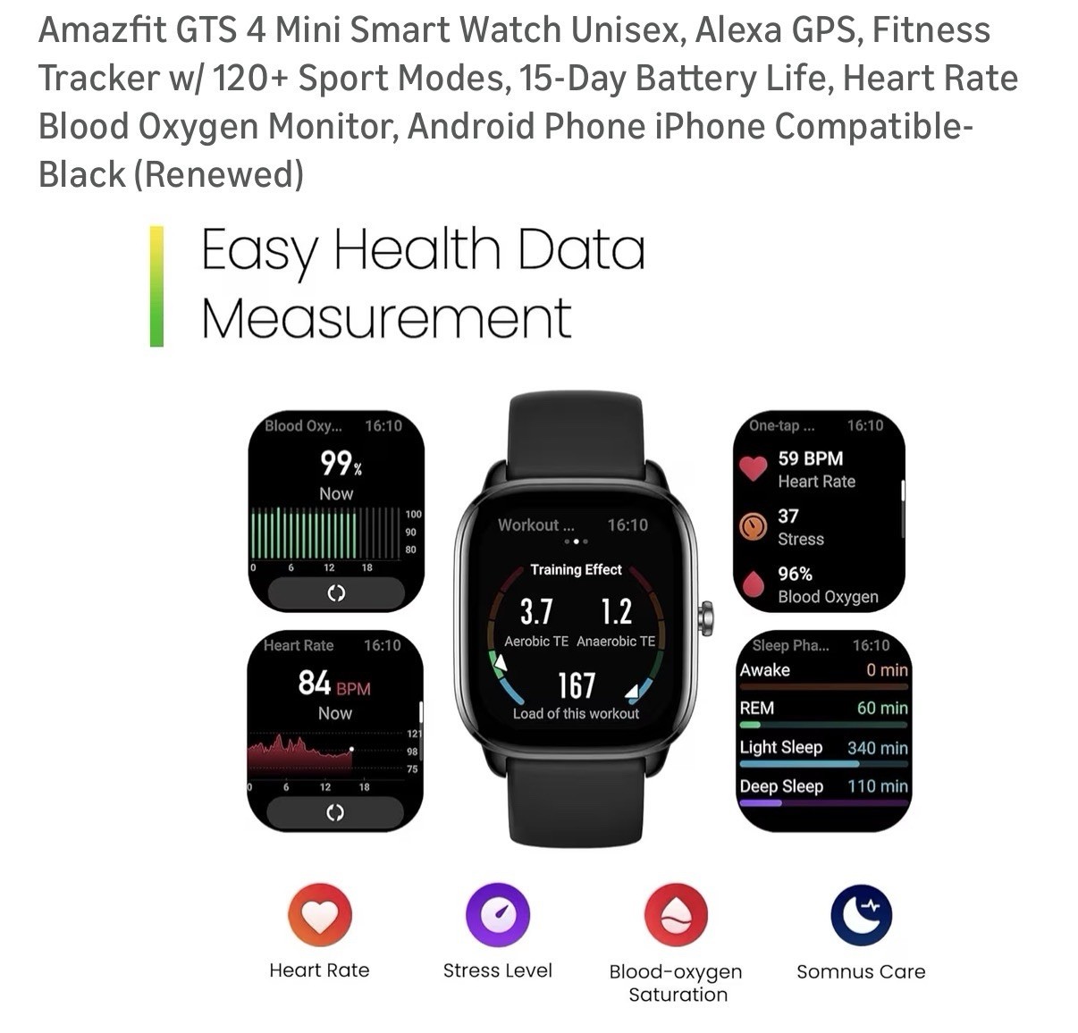 NEW SEALED BOX Amazfit GTS 4 Mini Health Smart Watch Fitness Tracker Black A2176