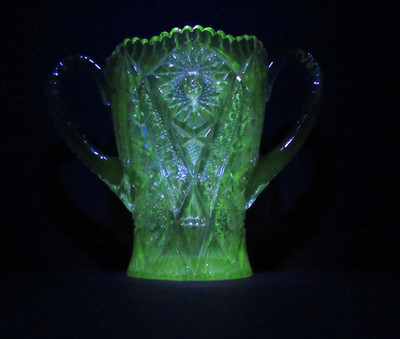 Antique 1900 Dbl Handle Celery Spooner Vase Imperial Vaseline Uranium Glass