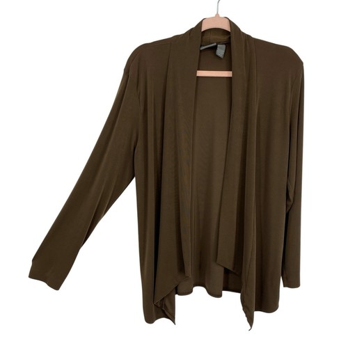 Chicos 3 Slinky Cardigan Size XL Brown open Front Long Sleeve Shrug Lagenlook
