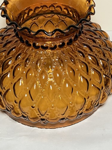 Vtg Quilted Diamonds Beaded Amber Glass Hurricane Lamp Shade 7" Fitter X 6” X 8” - Picture 5 of 13