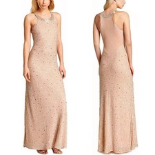 Adrianna Papell Beaded Halter Formal Gown Blush Pink Nude Column Dress Sz 6 NWT
