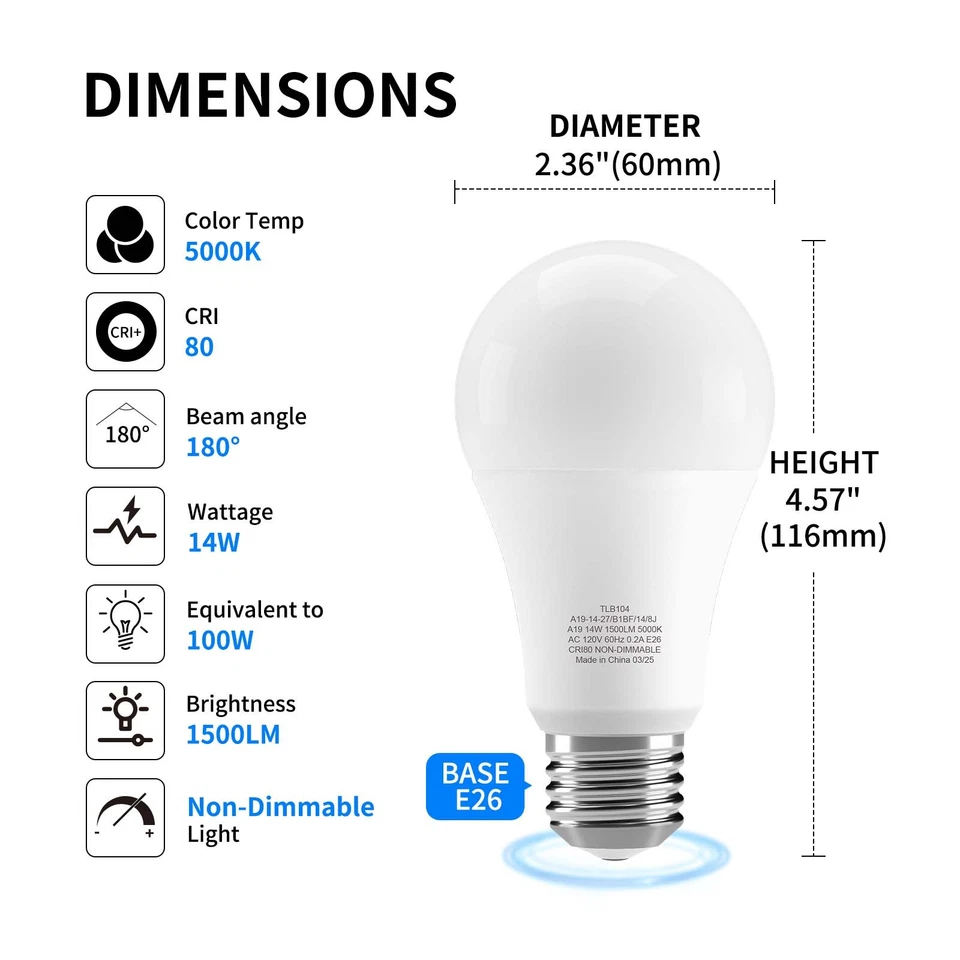 Суперяркая светодиодная лампа 14 Вт 1500 люмен 100 Вт эквивалент 5000 К дневной свет упаковка 6 шт. - Изображение 2 из 4