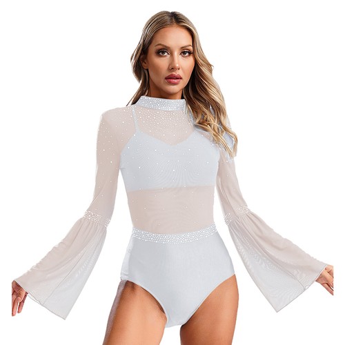 Womens Sheer Mesh Patchwork Leotard Rhinestone Bodysuit Dancewear Gymnastics - Picture 29 of 82