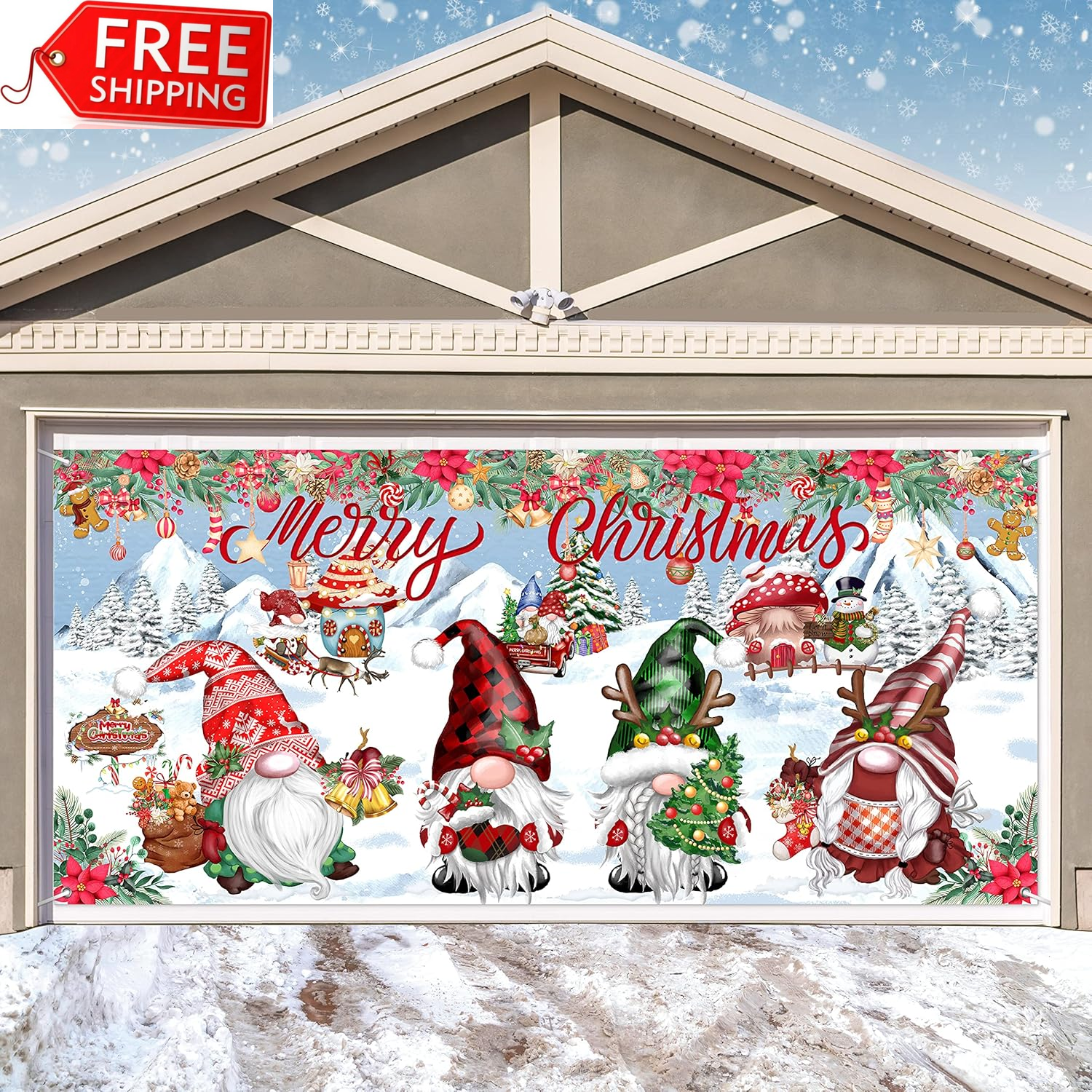 Christmas Gnomes Garage Door Banner Decoration Large Garage Door Cover Christmas