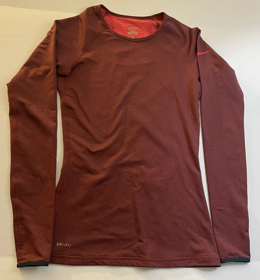 NIKE PRO DRI-FIT COMPRESSION SHIRT WOMENS SIZE SMALL S RED LONG SLEEVE ATHLETIC