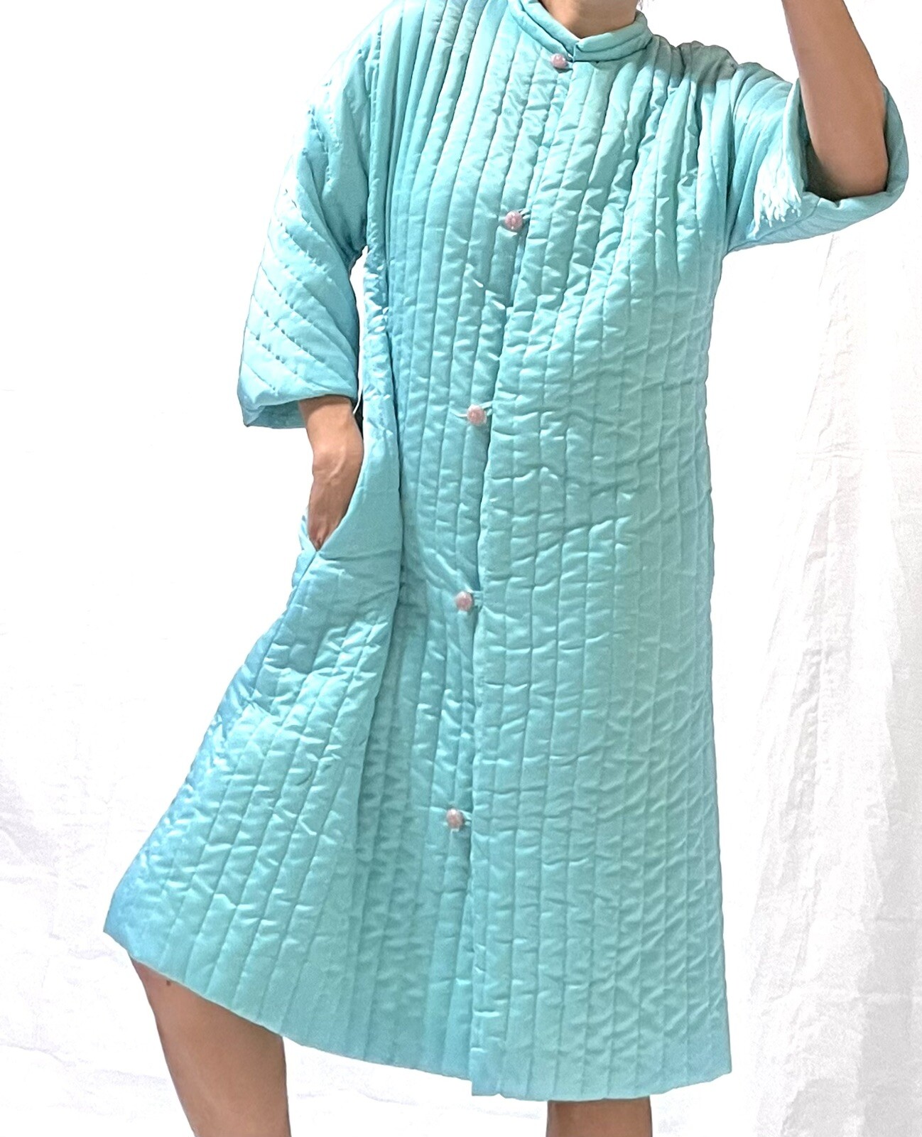 GORGEOUS UNIQUE VINTAGE PUFFER MIDI ROBE DRESS EVE STILLMAN RARE ROSE BUTTONS image 3