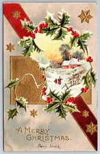 Vintage Postcard Christmas Holly Snow Winter Scene c1910 Divided Back