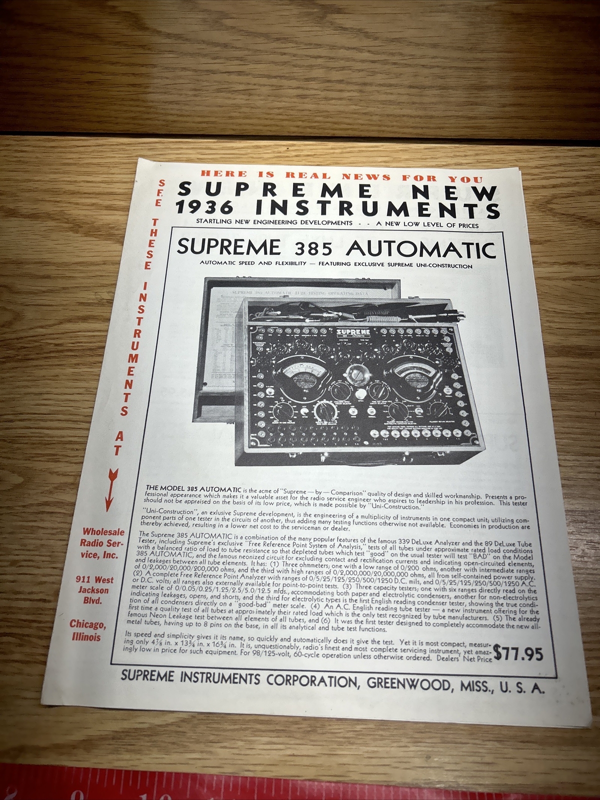 Supreme New Instruments Ad Flyer Wholesale Radio Service 1936