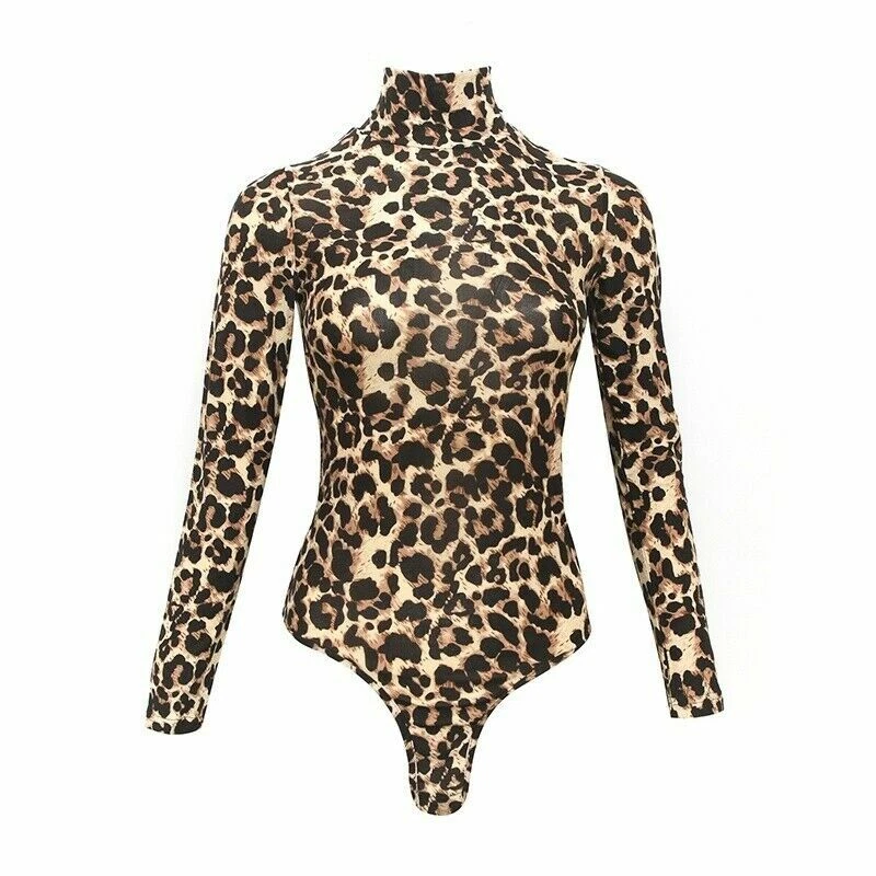 Damen Overall Body Leopardenmuster Hoher Kragen Dehnbar Turnanzug - Bild 2 von 4