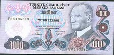 TURKEY 1000 LIRA 1970  P 191. XF CONDITION. VERY RARE