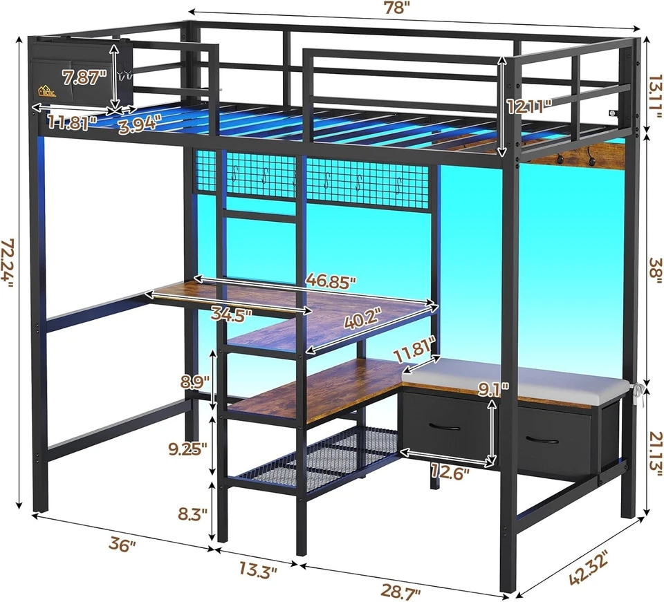 Cama tipo loft doble con estación de carga de escritorio en forma de L luces LED perchero cajones Foto 2 de 4