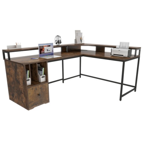 L Shaped LED Gaming Desk Computer Table Office Desk with Drawer w/ Power Outlets - Picture 8 of 9