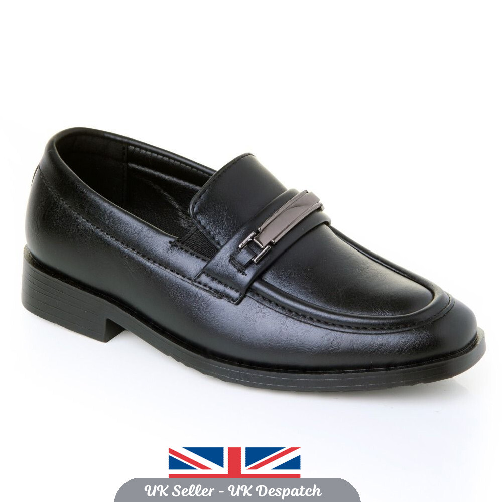Zapatos formales negros para niños de imitación de cuero sin cordones trajes de comunión de boda diseñador del Reino Unido