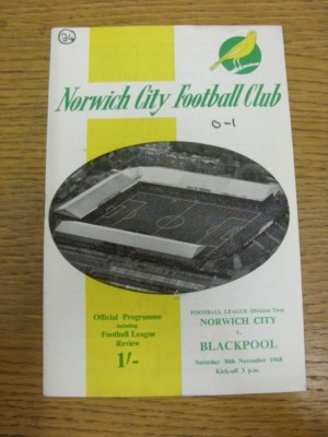 03/11/1968 Norwich City v Blackpool  (folded, team changes, writing on front). A