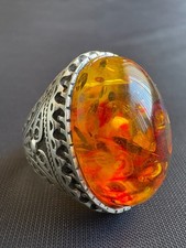 Vintage Sterling Silver Ring Large Amber Gemstone Ring Handcrafted Size 8 US