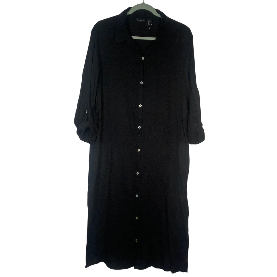 Tahari Black Linen Blend Midi Shirt Dress Roll Tab Sleeve Women's Size L NWT - Image 2 of 4