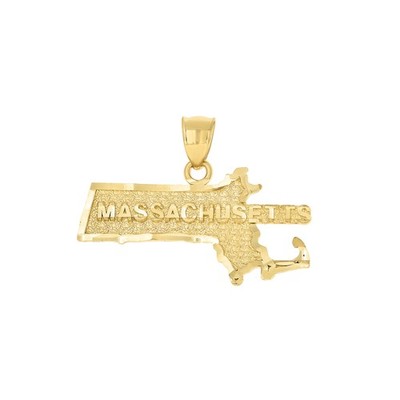 Real 10K Yellow Gold Diamond Cut 0.75'' Charm USA State Massachusetts Map Pendant