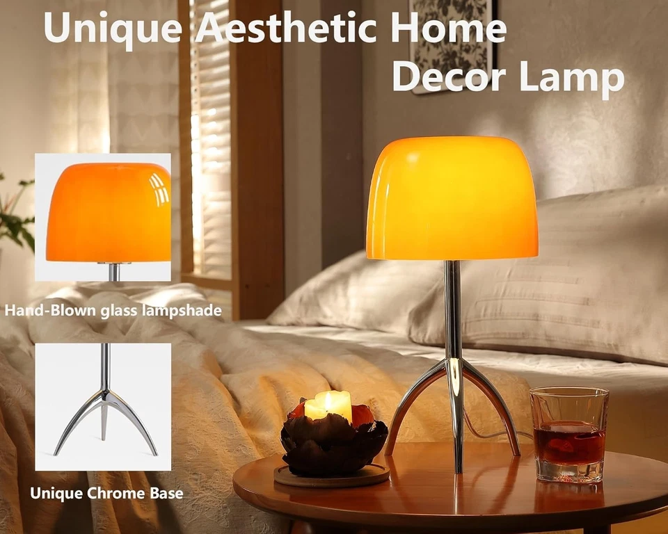 Orange Mushroom Lamp,Cute Mid Century Modern Lamp, Dimmable LED Bedside Retro - Image 4 of 4
