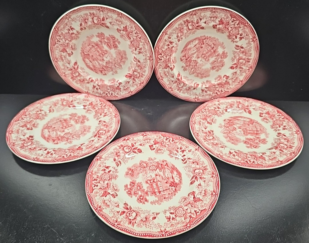 (5) Royal Staffordshire Tonquin Red Pink Bread Plates Set Vintage Cliff MCM Lot